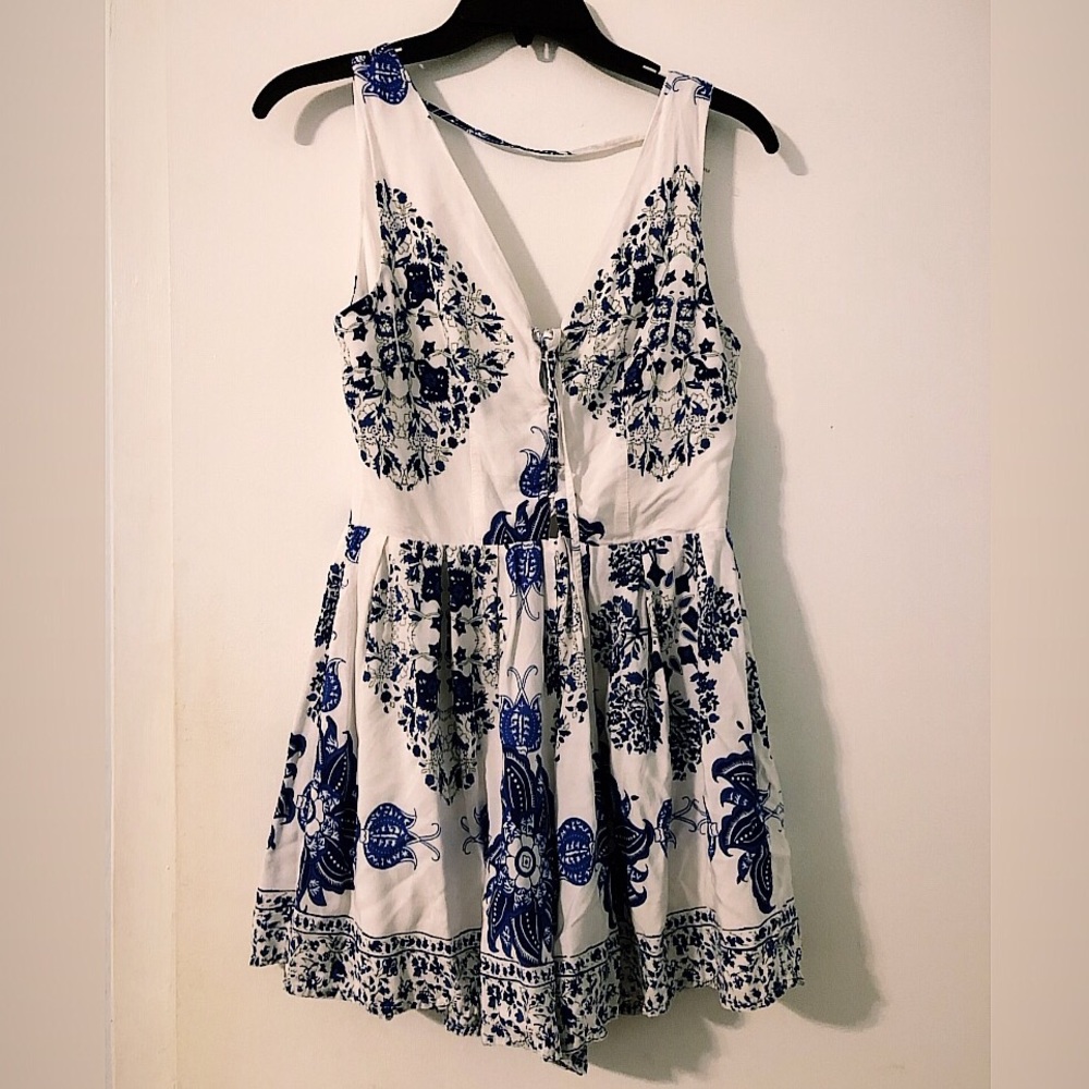 blue and white floral romper